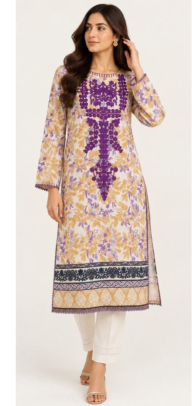 Asim Jofa Embroidered Floral Kurta Tunic Sz S  Purple Mustard Pakistani Lawn NWT